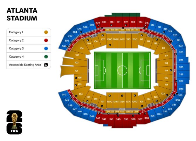 Stadionkarte des Mercedes-Benz Stadium in Atlanta, USA – Austragungsort der FIFA Fußball-Weltmeisterschaft 2026. Die Karte zeigt die Lage des Stadions im Stadtgebiet sowie die Verkehrsanbindung und wichtige Orientierungspunkte in der Umgebung.