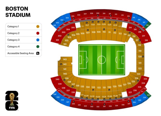 Stadionkarte des Gillette Stadium in Boston (Foxborough), USA – Austragungsort der FIFA Fußball-Weltmeisterschaft 2026. Die Karte zeigt die Lage des Stadions südlich von Boston sowie die Verkehrsanbindung und wichtige Orientierungspunkte in der Umgebung.