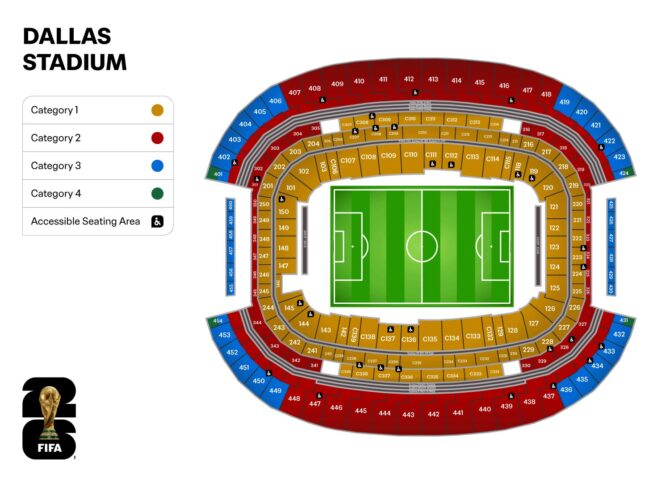 Stadionkarte des AT&T Stadium in Dallas (Arlington), USA – Austragungsort der FIFA Fußball-Weltmeisterschaft 2026. Die Karte zeigt die Lage des imposanten Stadions im Dallas-Fort-Worth-Metroplex sowie die Verkehrsanbindung und Orientierungspunkte.