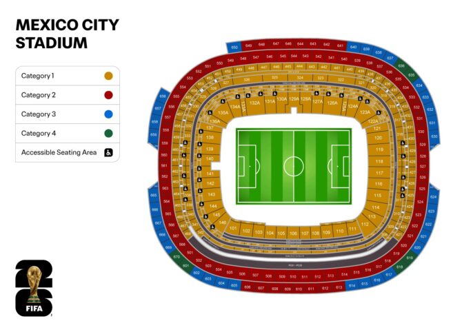 Stadionkarte des Estadio Azteca in Mexiko-Stadt, Mexiko – Austragungsort der FIFA Fußball-Weltmeisterschaft 2026. Die Karte zeigt die Lage des legendären Stadions im Süden der Hauptstadt sowie die Verkehrsanbindung und wichtige Orientierungspunkte.