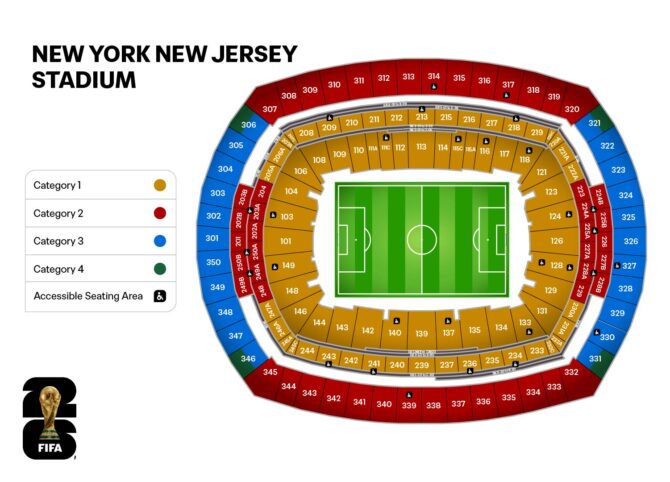 Stadionkarte des MetLife Stadium in New York/New Jersey (East Rutherford), USA – Austragungsort der FIFA Fußball-Weltmeisterschaft 2026. Die Karte zeigt die Lage des Stadions sowie die Verkehrsanbindung und wichtige Orientierungspunkte in der Umgebung.