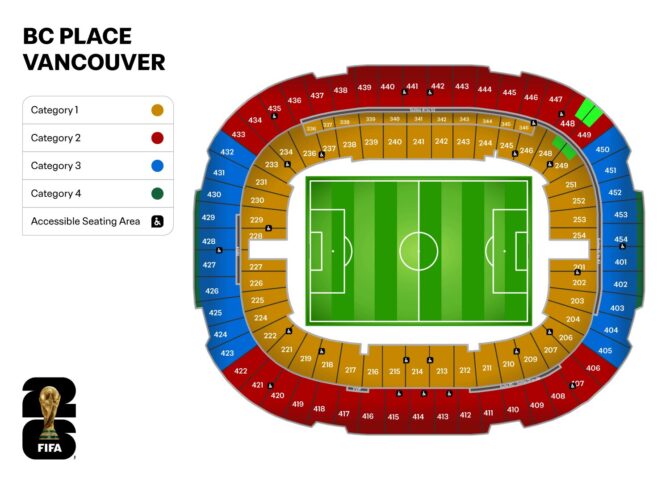 Stadionkarte des BC Place in Vancouver, Kanada, Austragungsort der FIFA Fußball-Weltmeisterschaft 2026. Die Karte zeigt die Lage des Stadions im Stadtgebiet sowie die Verkehrsanbindung und wichtige Orientierungspunkte in der Umgebung.