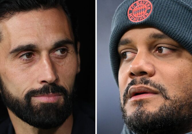 In dieser Bildmontage werden Álvaro Arbeloa, Cheftrainer von Real Madrid (l.), und Vincent Kompany, Cheftrainer des FC Bayern München, gegenübergestellt. Die beiden Klubs treffen in den Viertelfinals der UEFA Champions League 2025/26 aufeinander. Getty Images