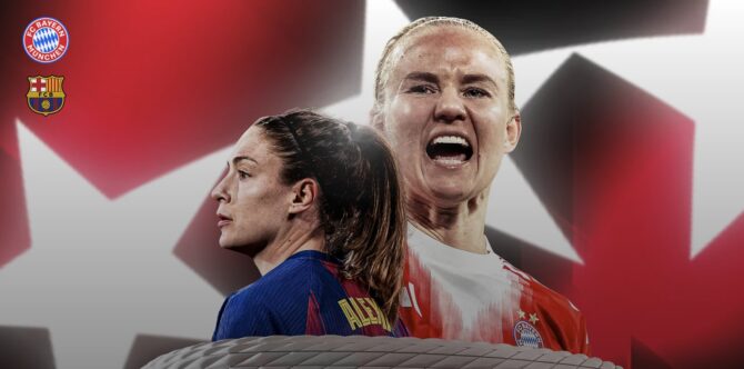 FC Bayern München vs FC Barcelona im Champions League Viertelfinale 2026. Das Bild zeigt zwei Profis von Bayern und Barcelona in einem intensiven Duell um die europäische Meisterschaft.