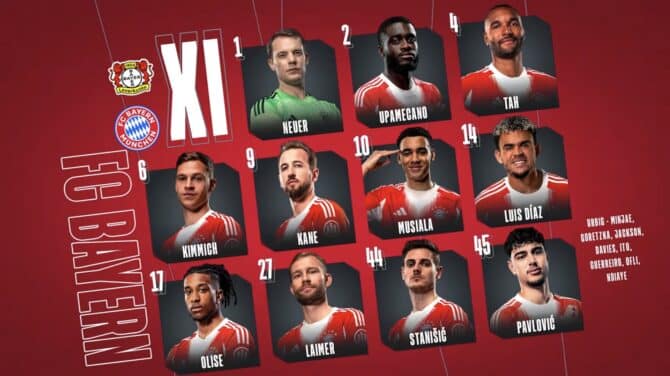 Fußball heute Aufstellungen: Wie spielt der FC Bayern gegen Bayer 04 Leverkusen? So startet der FC Bayern ins DFB-Pokal-Halbfinale bei Bayer 04 Leverkusen: Neuer – Upamecano, Tah, Kimmich, Kane, Musiala, Luis Díaz, Olise, Laimer, Stanišić, Pavlović.