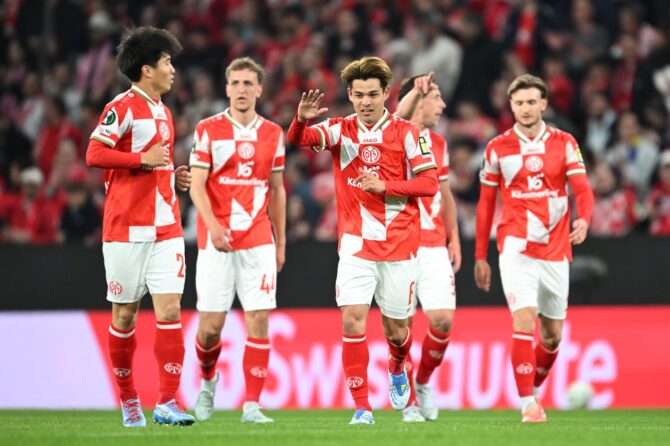 Kaishu Sano von 1. FSV Mainz 05 jubelt nach seinem Tor zum 1:0 im UEFA-Conference-League-Viertelfinale (Hinspiel) gegen RC Strasbourg Alsace in der Mainz Arena am 9. April 2026. Christian Kaspar-Bartke / Getty Images Europe via Getty Images