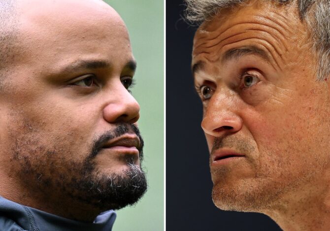 Composit-Bild zur Champions-League-Halbfinale 2025/26: Vincent Kompany (l.), Cheftrainer des FC Bayern München, und Luis Enrique, Trainer von Paris Saint-Germain, stehen sich im zweiten Halbfinale gegenüber. Bayern und PSG spielen über Hin- und Rückspiel um den Einzug ins Finale. (Stuart Franklin, Alex Davidson / Getty Images)