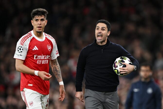 Arsenal-Trainer Mikel Arteta gestikuliert lautstark an der Seitenlinie im UEFA Champions League Viertelfinale-Rückspiel gegen Sporting Clube de Portugal am 15. April 2026 im Emirates Stadium in London. Mike Hewitt / Getty Images