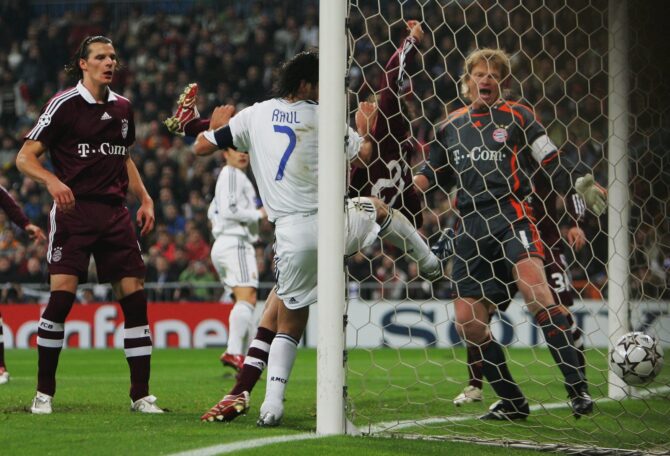 Raúl González (#7) von Real Madrid trifft zum 3:0 im Achtelfinale-Hinspiel der UEFA Champions League zwischen Real Madrid und dem FC Bayern München am 20. Februar 2007 im Estadio Santiago Bernabéu in Madrid, Spanien. Foto: Sandra Behne / Bongarts via Getty Images