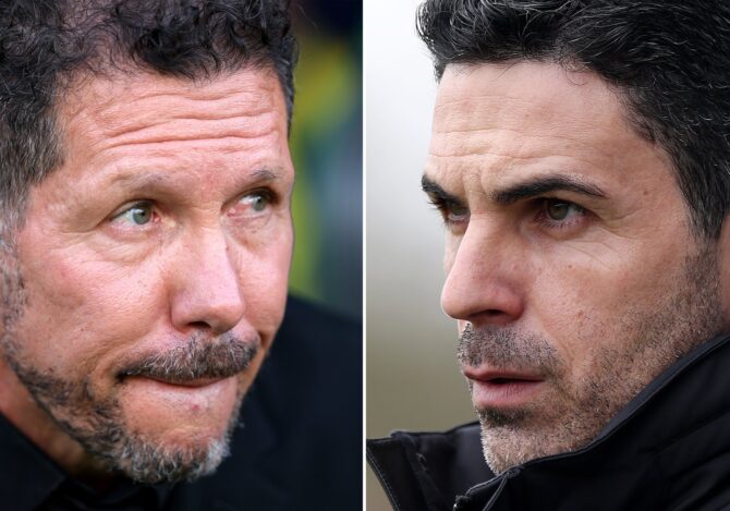 Composit-Bild zur Champions-League-Halbfinale 2025/26: Diego Simeone (l.), Cheftrainer von Atlético Madrid, und Mikel Arteta, Manager des FC Arsenal, sind die Protagonisten des ersten Halbfinales. Die beiden Klubs treffen in der Runde der letzten Vier über Hin- und Rückspiel aufeinander. (Clive Brunskill, Alex Pantling / Getty Images)