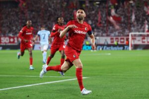 Vincenzo Grifo vom SC Freiburg bejubelt sein Tor zum 1:0 im UEFA-Europa-League-Viertelfinale (Hinspiel) gegen Real Club Celta im Stadion am Wolfswinkel in Freiburg am 9. April 2026. Adam Pretty / Getty Images Europe via Getty Images