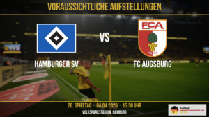 Hamburger SV - FC Augsburg HSV: Heuer Fernandes - Omari, Vušković, Torunarigha - Mikelbrencis, Grønbæk, Sambi Lokonga, Muheim - Vieira, Königsdörffer, Otele Sie fehlen: Capaldo (Trainingsrückstand), Dickes (Schulterverletzung), Dompé (Fußverletzung), Jatta (Aufbautraining), Poulsen (Muskelfaserriss), Remberg (Gelbsperre), Rössing-Lelesiit (Syndesmoseriss) FCA: Dahmen - Banks, K. Schlotterbeck, Zesiger - Fellhauer, Jakić, Massengo, Giannoulis - Rieder, Claude-Maurice - Ribeiro Sie fehlen: Keitel (Schleimbeutelentzündung), Matsima (Sehnenabriss)