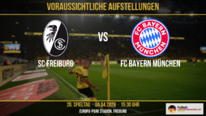 Sport-Club Freiburg - FC Bayern München SCF: Atubolu - Treu, Ginter, Lienhart, Makengo - Eggestein, Manzambi - Beste, Suzuki, Scherhant - Matanović Sie fehlen: Kyereh (Kreuzbandriss), Rosenfelder (Muskelverletzung) FCB: Neuer – Stanišić, Upamecano, Tah, Laimer – Kimmich, Pavlović – Olise, Karl, Díaz – Gnabry Sie fehlen: Kane (Sprunggelenksverletzung), Jackson (Rotsperre), Santos Daiber (Muskelverletzung im Oberschenkel), Ulreich (Muskelbündelriss in den Adduktoren)