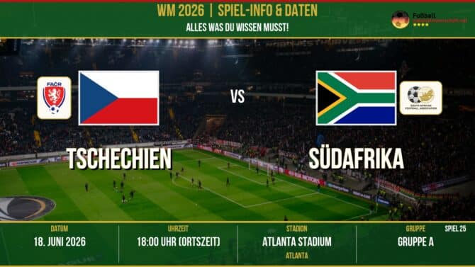 WM 2026: Tschechien vs Südafrika – 18. Juni 2026 um 18:00 Uhr – Atlanta Stadium, Atlanta (Gruppe A)