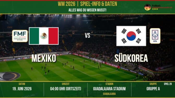 WM 2026: Mexiko vs Südkorea – 19. Juni 2026 um 04:00 Uhr – Guadalajara Stadium, Guadalajara (Gruppe A)
