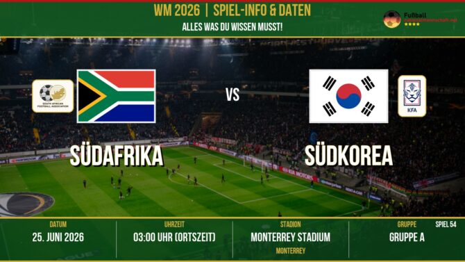 WM 2026: Südafrika vs Südkorea – 25. Juni 2026 um 03:00 Uhr – Monterrey Stadium, Monterrey (Gruppe A)