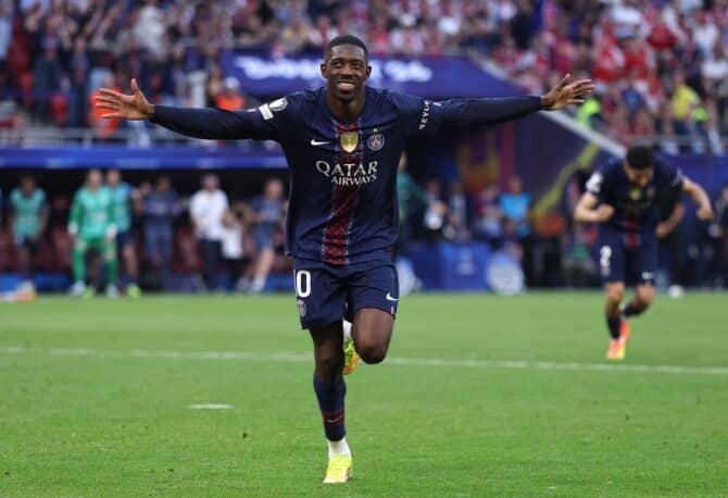Ousmane Dembélé von Paris Saint-Germain jubelt nach seinem Elfmeter-Tor während des UEFA Champions-League-Finales 2026 gegen Arsenal FC in der Puskás-Arena. Das Tor fiel am 30. Mai 2026 in Budapest, Ungarn. Lars Baron / Getty Images Europe via Getty Images
