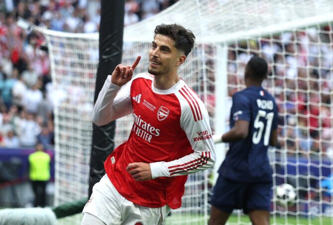 Kai Havertz von Arsenal jubelt nach seinem ersten Tor während des UEFA Champions-League-Finales 2026 gegen Paris Saint-Germain in der Puskás-Arena. Das Tor fiel am 30. Mai 2026 in Budapest, Ungarn. Lars Baron / Getty Images Europe via Getty Images