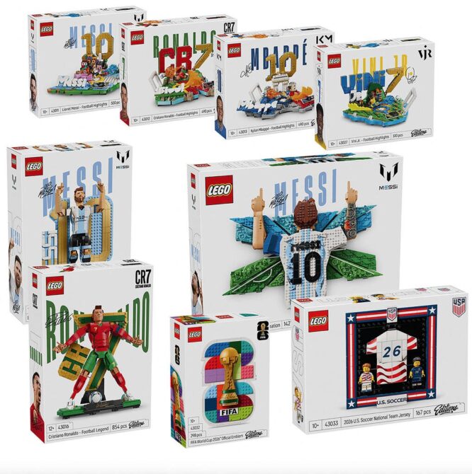 LEGO praesentiert zur Fussball-Weltmeisterschaft 2026 eine komplette Serie an Fussball-Sets: Neben Figuren von Lionel Messi, Cristiano Ronaldo, Kylian Mbappe und Vinicius Junior sind auch spezielle WM-Editionen und Trikot-Sets im Sortiment. (Bild: LEGO)