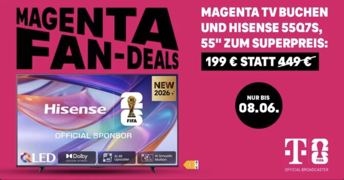 Neuer Fernseher für die WM 2026? MagentaTV Smart plus Hisense TV 55 oder 65 buchen zum Schnäppchen!