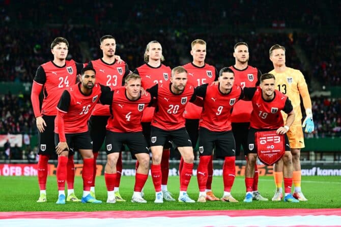 Die Spieler von Österreich posieren für das Mannschaftsfoto vor dem Freundschaftsspiel gegen Südkorea im Ernst-Happel-Stadion am 31. März 2026 in Wien. (Christian Bruna / Getty Images Europe via Getty Images)