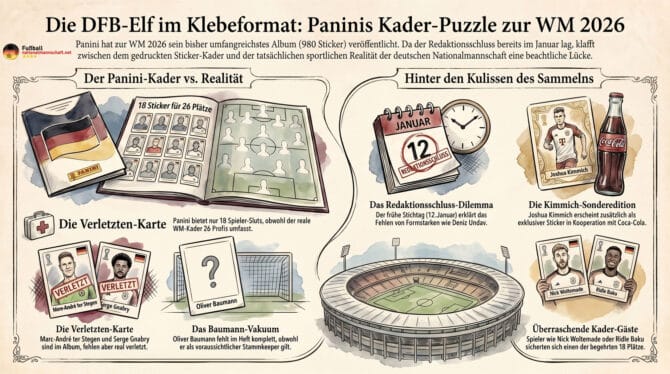 Panini bringt zur FIFA Fußball-Weltmeisterschaft 2026™ ein neues Highlight für Sammler auf den Markt: das offizielle Big Collector's Sammelalbum der WM-Stickerkollektion. Schon bald am 15.05.26 ist das Paket erhältlich und bündelt Album, 1.007 Sticker sowie 3 der seltenen Panini EXTRA-Sticker. Das normale Sammelheft hat 980 Sticker auf 112 Seiten. Das Panini WM 2022 Heft hatte noch 670 Sticker auf 80 Seiten.