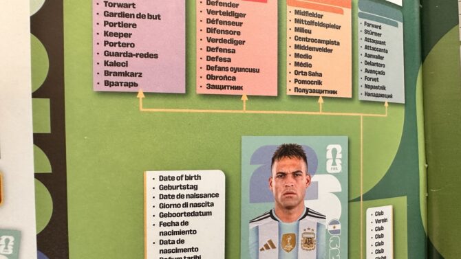 Aufgeschlagene Album-Seite The Symbols mit der mehrsprachigen Legende zu den Spielerpositionen und einem Beispiel-Sticker von Lautaro Martínez.