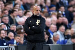 Manchester-City-Trainer Pep Guardiola verfolgt das Premier-League-Gastspiel seines Teams bei Everton im Hill Dickinson Stadium in Liverpool am 4. Mai 2026. (Stu Forster / Getty Images Europe)