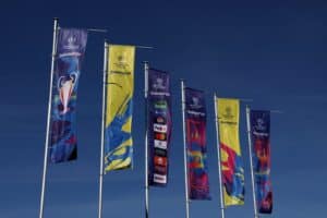 BUDAPEST, 29. MAI 2026: Außenansicht der Puskas Arena in der ungarischen Hauptstadt, einen Tag vor dem UEFA-Champions-League-Finale 2026. Das ungarische Nationalstadion wird Schauplatz des Endspiels zwischen dem FC Arsenal und Paris Saint-Germain. (Foto: Richard Heathcote / Getty Images)