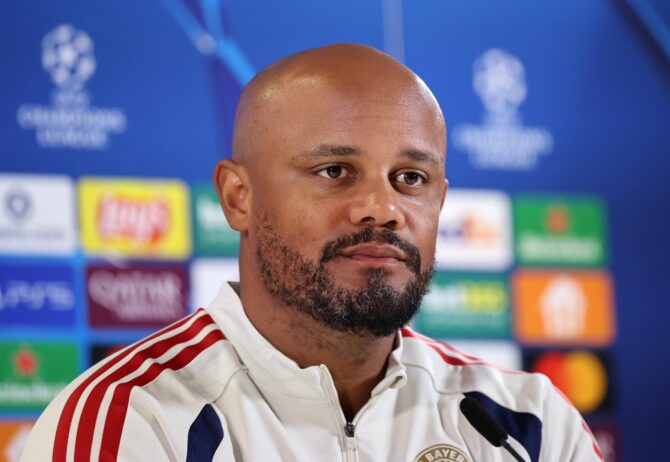 FC-Bayern-Trainer Vincent Kompany spricht am 5. Mai 2026 in der Allianz Arena in München auf der Pressekonferenz vor dem Halbfinale-Rückspiel der UEFA Champions League 2025/26 gegen Paris Saint-Germain. Der belgische Coach analysierte die Ausgangslage vor dem entscheidenden Duell um den Einzug ins Finale der Königsklasse. (Alex Grimm / Getty Images Europe via Getty Images)