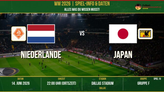 WM 2026: Niederlande vs Japan – 14. Juni 2026 um 21:00 Uhr – AT&T Stadium, Dallas (Gruppe I)
