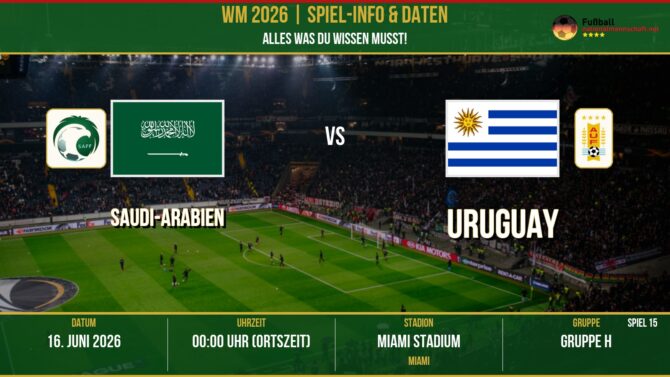WM 2026: Saudi-Arabien vs Uruguay – 15. Juni 2026 um 23:00 Uhr – Hard Rock Stadium, Miami (Gruppe K)