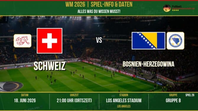 WM 2026: Schweiz vs Bosnien-Herzegowina – 18. Juni 2026 um 21:00 Uhr – SoFi Stadium, Los Angeles (Gruppe G)