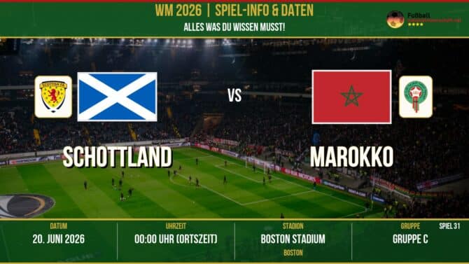 WM 2026: Schottland vs Marokko – 19. Juni 2026 um 23:00 Uhr – Gillette Stadium, Boston (Gruppe F)