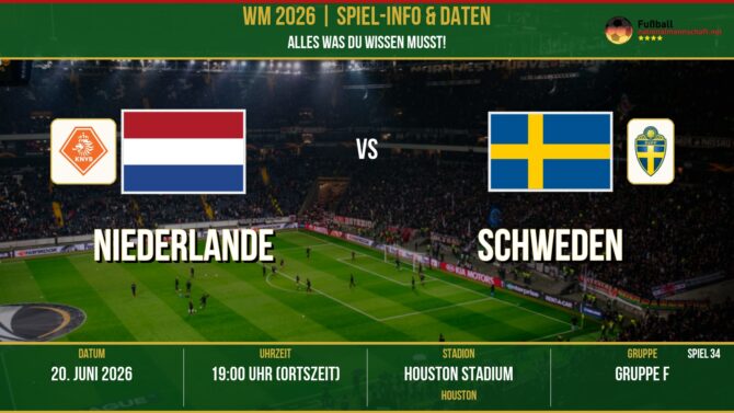 WM 2026: Niederlande vs Schweden – 20. Juni 2026 um 19:00 Uhr – NRG Stadium, Houston (Gruppe I)