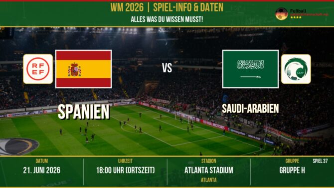 WM 2026: Spanien vs Saudi-Arabien – 21. Juni 2026 um 17:00 Uhr – Mercedes-Benz Stadium, Atlanta (Gruppe K)