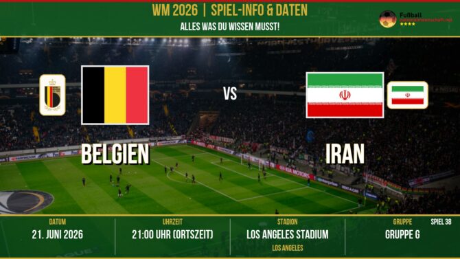 WM 2026: Belgien vs Iran – 21. Juni 2026 um 20:00 Uhr – SoFi Stadium, Los Angeles (Gruppe J)