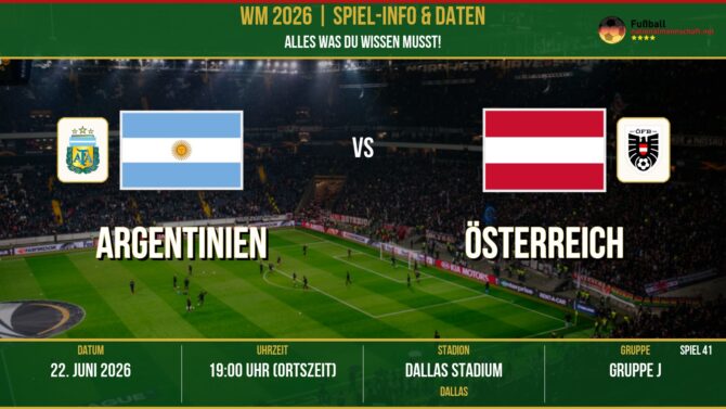 WM 2026: Argentinien vs Österreich – 22. Juni 2026 um 18:00 Uhr – AT&T Stadium, Dallas (Gruppe L)