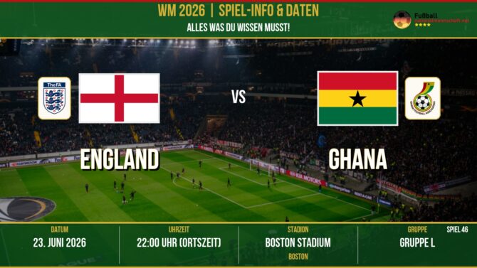WM 2026: England vs Ghana – 23. Juni 2026 um 21:00 Uhr – Gillette Stadium, Boston (Gruppe C)