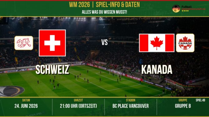 WM 2026: Schweiz vs Kanada – 24. Juni 2026 um 20:00 Uhr – BC Place, Vancouver (Gruppe G)