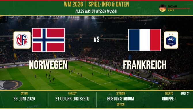 WM 2026: Norwegen vs Frankreich – 26. Juni 2026 um 20:00 Uhr – Gillette Stadium, Boston (Gruppe B)