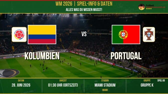 WM 2026: Kolumbien vs Portugal – 28. Juni 2026 um 00:30 Uhr – Hard Rock Stadium, Miami (Gruppe D)