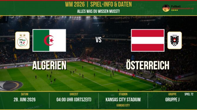 WM 2026: Algerien vs Österreich – 28. Juni 2026 um 03:00 Uhr – Kansas City Stadium, Kansas City (Gruppe L)