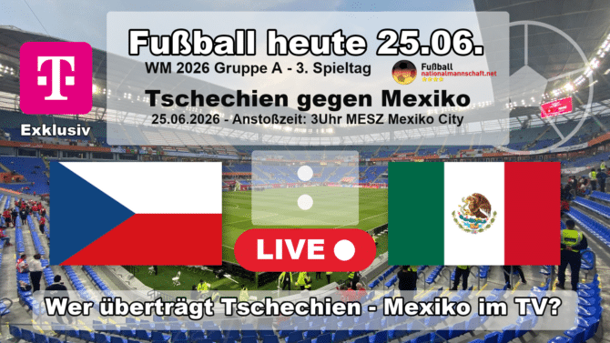 Wer überträgt Tschechien gegen Mexiko? Vorschaubild zur TV-Übertragung der WM 2026 mit Flaggen, Anstoßzeit und Sender.