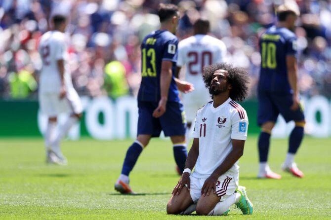 Katars Akram Afif reagiert enttäuscht nach einer vergebenen Chance im WM-2026-Gruppenspiel der Gruppe B gegen Bosnien und Herzegowina am 24. Juni 2026 im Seattle Stadium. Richard Heathcote / Getty Images