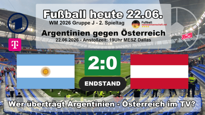 Argentinien gegen Österreich 2:0: Endstand-Grafik zum WM-2026-Spiel der Gruppe J am 22.06.2026 mit den Flaggen von Argentinien und Österreich.