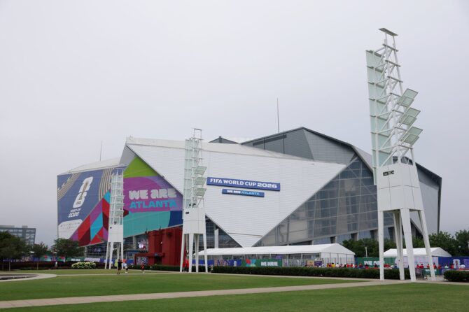 Außenansicht des Atlanta Stadium vor dem WM-2026-Gruppenspiel der Gruppe H zwischen Spanien und Saudi-Arabien. (Mattia Ozbot / Getty Images)