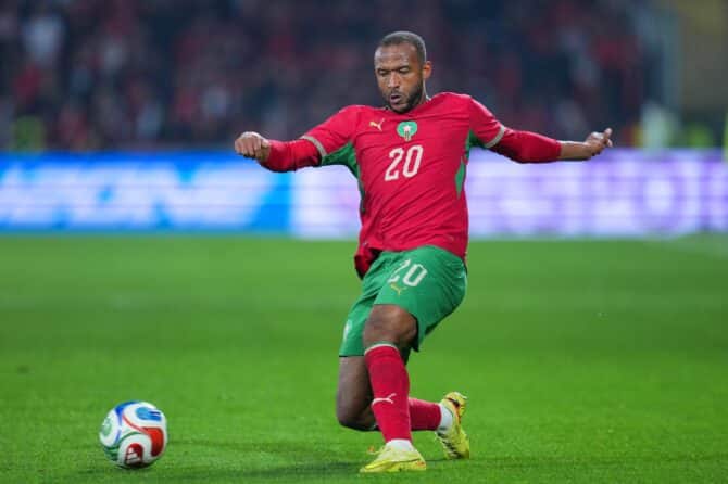 Ayoub El Kaabi im Einsatz für die marokkanische Nationalmannschaft im Testspiel gegen Paraguay.