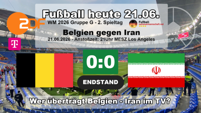 Belgien gegen Iran 0:0: Endstand-Grafik zum WM-2026-Spiel der Gruppe G am 21.06.2026 mit den Flaggen von Belgien und Iran.