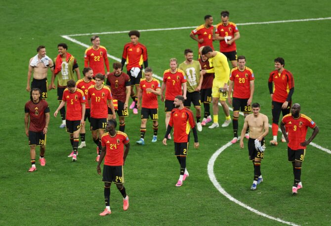 Die Spieler Belgiens feiern den 5:1-Sieg im Gruppe-G-Spiel der WM 2026 gegen Neuseeland. Die Szene entstand am 26. Juni 2026 im BC Place in Vancouver, British Columbia. Fran Santiago / Getty Images
